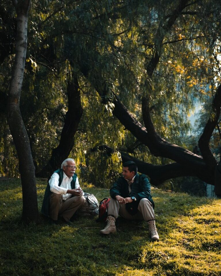 two men sitting in green field surrounded with trees