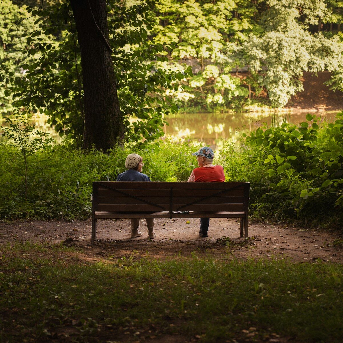 Two adults on a wooden bench facing a pond in a sunlit forest